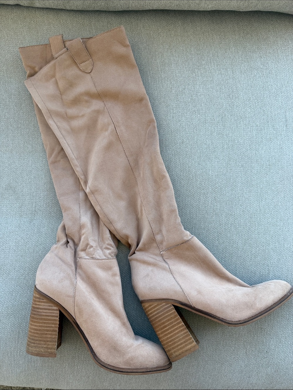 Knee-High Suede Block-Heel Boots in Taupe